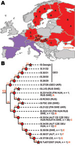 Thumbnail of Detailed geographic distribution and phylogeny of subclades within group B.13. A) Countries from which groups B.13 and B.FTNF002–00 have been reported. Countries of origin for isolates assigned to select subclades within group B.13 are indicated by the letters A–H. Red and purple shading indicates the known geographic distributions of groups B.13 and B.FTNF002–00, respectively, in this and previous studies (5–9). The country of Georgia, which also contains isolates from group B.13 b