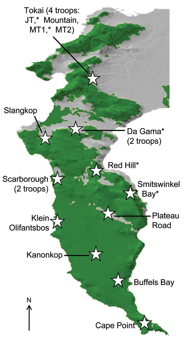 Cape Peninsula in South Africa, showing position and name of the different regions that have baboon troops. Baboons were sampled from those regions denoted by an asterisk. Green denotes natural land, and gray shows the current extent of urban and agricultural land on the Peninsula.