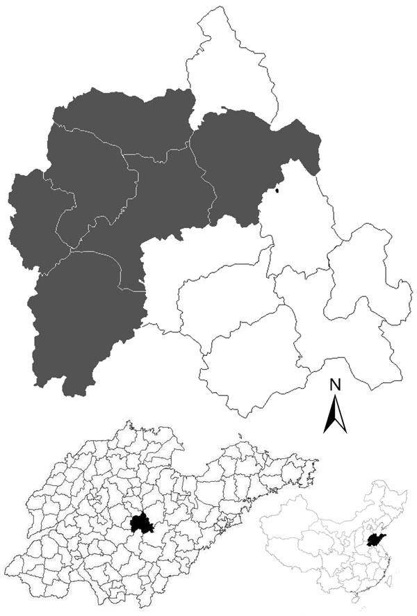 Location of the villages (gray shading) in Yiyuan County, Shandong Province, China, where human and goat serum samples were collected in study of severe fever with thrombocytopenia syndrome seroprevalence. Maps at bottom show location of Yiyuan County in Shandong Province (left) and Shandong Province in China (right).