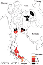 Thumbnail of Map of estimated incidence rates for goat melioidosis, Thailand, 2006–2010. Provincial codes: 1, Sakon Nakhon; 2, Ratchaburi; 3, Khon Kaen; 4, Chachoengsao; 5, Chonburi; 6, Songkhla; 7, Trang; 8, Phetchaburi; 9, Nakhon Si Thammarat; 10, Patthani; 11, Yala. Provinces are ordered by estimated incidence of goat melioidosis.