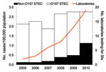 Thumbnail of Rate of reported O157 and non-O157 Shiga toxin (Stx)–producing Escherichia coli (STEC) infections and number of laboratories performing Stx testing by year, Washington State, USA, 2005–2010.