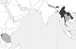 Thumbnail of Geographic location and background of refugee populations sampled for antibodies against Taenia solium cysticerci by using the classic enzyme-linked immunoelectrotransfer blot for lentil-lectin purified glycoprotein. Countries of origin are shaded dark grey (Burundi, Bhutan, Burma [Myanmar], Laos). Host countries are shaded light grey (Tanzania, Nepal, Thailand). Burundi: ≈14,000 Burundian refugees who lived in camps in Tanzania since 1972 were resettled during 2006–2008. Resettled 