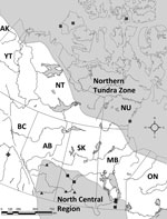 Thumbnail of Location where European-type strain of Echinococcus multilocularis (plus sign) was detected in this study in British Columbia (BC) and previous reports of E. multilocularis parasites in 8 definitive (squares) and 6 intermediate (triangles) hosts in Canada. Gray shading indicates currently accepted distribution of E. multilocularis in North America. The North Central Region includes southern portions of the 3 Canadian prairie provinces (Alberta [AB], Saskatchewan [SK], and Manitoba [