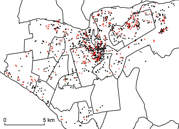 Spatial distribution of drug-sensitive (black triangles) and drug-resistant (red triangles) tuberculosis among patients who received drug susceptibility testing, Lima Ciudad and Lima Este, Peru, 2005–2007. A small random error was added to the spatial coordinates for each patient to protect confidentiality.
