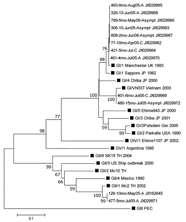 Phylogenetic analysis of the partial N terminal capsid gene (339 bp) of SaV strains identified in a pediatric population in Leon, Nicaragua, March 2005–September 2006. The tree was constructed on the basis of the Kimura 2-parameter and neighbor-joining methods with MEGA5 software (www.megasoftware.net). Bootstrap values are shown at the branch nodes (values ≤50% are not shown). The black squares represent SaV reference strains GI–GV. For Nicaraguan strains, the number of the strain is given, fol
