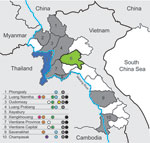 Thumbnail of Areas sampled and location of subtyped avian influenza viruses (H5N1), Laos, 2009–2010. Provinces that had previous outbreaks of highly pathogenic avian influenza and were part of the survey are indicated in gray, the province that had a previous outbreak but was not part of the survey is indicated in blue, and the province that had not had an outbreak but was part of the survey is indicated in green. Colored dots indicate presence of viruses: light blue, anti-H5 (clade 2.3.4); gray
