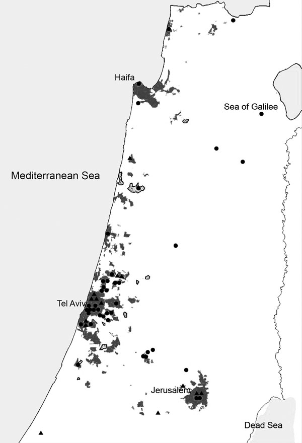 Patients with imported dengue or chikungunya virus infection living in Aedes albopictus–endemic areas of Israel, 2008–2010. Of the patients with dengue and chikungunya virus disease, 66% (27/41) and 80% (12/15), respectively, lived in disease-endemic areas.