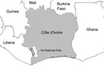 Thumbnail of Sampling zone in study of the origin of human T-lymphotropic virus type 1 in rural western Africa, 2006–2007. Taï National Park is indicated in white on the gray background of Côte d’Ivoire. The black rectangle overlapping Taï National Park defines a zone encompassing the 18 villages where study participants resided. Village names and the number of participants are as follows: Daobly (38), Djereoula (31), Djiboulay (40), Gahably (55), Gouléako (37), Goulégui-Béoué (55), Kéibly (90),