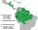 Thumbnail of Distribution of Mayaro virus (MAYV) in the Central and South America (3,5–7).