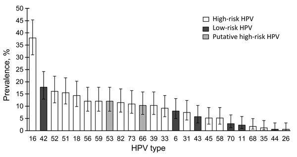 Prevalence of human papillomavirus (HPV) types in cervical samples from 24 female youth with oral HPV infection, Stockholm, Sweden. The 4 most common types were high-risk types HPV16 (37.9%, 95% CI 31.0%–45.3%); HPV52 (16.1%, 95% CI 11.4%–22.3%), and HPV51 (15.5%, 95% CI 10.9%–21.6%) and low-risk type HPV42 (17.8%, 95% CI 12.9%–24.2%).
