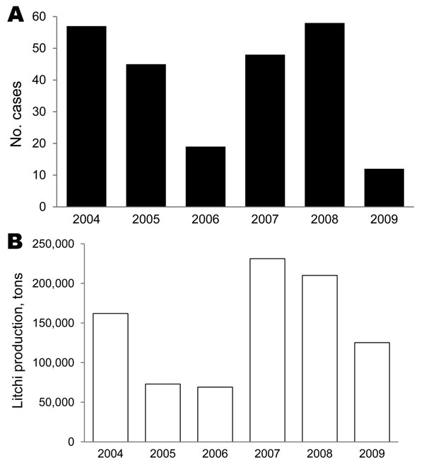 Temporal evolution of Ac Mong encephalitis (AME) and litchi cultivation, Bac Giang Province, Vietnam, 2004–2009. A) Annual number of AME cases; B) annual litchi production.