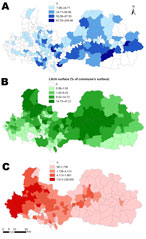 Thumbnail of Commune-level maps of Bac Giang Province, Vietnam, 2004–2009. A) Cumulative incidence rate per 100,000 inhabitants of Ac Mong encephalitis. B) Mean percentage of commune surface area devoted to litchi cultivation. C) Mean poultry density (no. per km2).