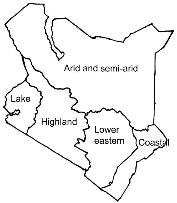 Geographic/climatic regions as defined in a study of the genetic relatedness of O1 Vibrio cholerae isolates, Kenya, January 2009–May 2010.