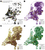 Thumbnail of A) Case-patients with livestock-associated methicillin-resistant Staphylococcus aureus (LA-MRSA) and controls with typeable MRSA, according to population density, the Netherlands, 2003–2005. B) Density of cattle per municipality. C) Density of pigs per municipality. D) Density of veal calves by municipality.