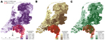 Thumbnail of Clusters of livestock-associated methicillin-resistant Staphylococcus aureus (LA-MRSA) in the Netherlands, 2003–2005, taking into account 20% population at risk with overlays showing veal calf density (A), cow density (B), and pig density (C). RR, relative risk.