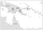 Thumbnail of Sampling locations and henipavirus antibody prevalence, Papua New Guinea 1996–1999, among 182 wild-caught fruit bats from Madang (1996), New Britain (1997), and Lae (1999), Papua New Guinea. HiV, Hendra virus; NiV, Nipah virus; MenV, Menangle virus.