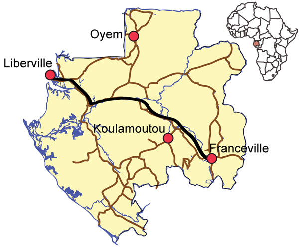 Towns in the influenza sentinel network in Gabon. Libreville was chosen as a typical urban community; Franceville, in the southeast, represents a savannah/forested rural region of 100,000 inhabitants; and Oyem (35,241 inhabitants) and Koulamoutou (16,270 inhabitants), in the north and south, respectively, represent forested rural regions.