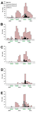 Thumbnail of Clinical and laboratory-confirmed cases of pandemic (H1N1) 2009 (pH1N1), seasonal influenza A (H1N1 and H3N2), seasonal influenza B, and other influenza-like illnesses (ILI), Gabon, July 2009–June 2011. Bars below chart indicate rainy seasons. *First imported case; †second imported case; ‡first indigenous cases. A) Gabon; B) Libreville; C) Oyem; D) Koulamoutou; E) Franceville.