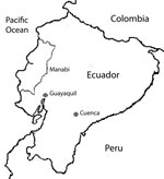 Thumbnail of Three regions of Ecuador where guinea pig serum samples were obtained: Cuenca, Guayaquil, and Manabi. The country is bordered by Colombia to the north, Peru to the east and south, and the Pacific Ocean to the west. Cuenca is located in the Andes; the average annual mean temperature is 14.7°C, and the average annual relative humidity is 85%. Guayaquil is located at the head of the Gulf of Guayaquil; the mean temperature is 26.1°C, and relative humidity is 74%. The Manabí region is lo