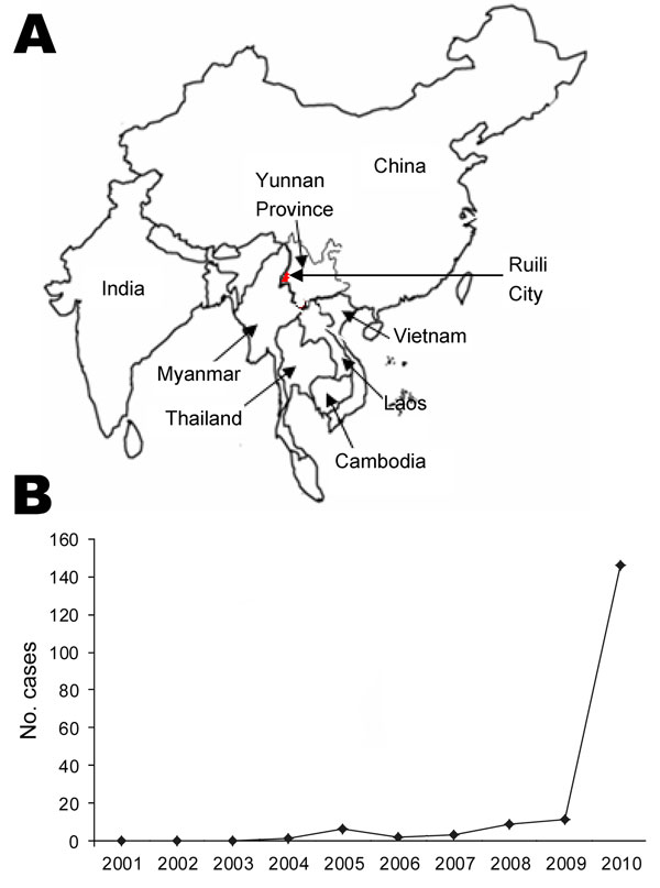 A) Location of Ruili City, Yunnan Province, People’s Republic of China (97°51′–98°02′E, 23°38′–24°14′S; altitude 1,381 m). B) Number of murine typhus cases reported from Ruili City Center for Disease Control and Prevention during 2001–2010.