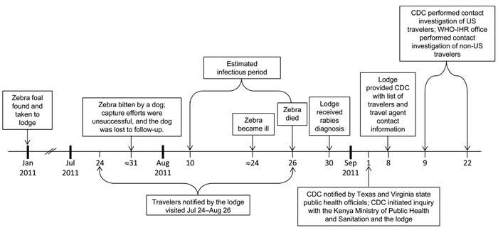 Timeline of events for traveler exposures to a rabid zebra and subsequent contact investigation of US travelers, Kenya, January 2011–September 2011. CDC, Centers for Disease Control and Prevention; WHO-HIR, World Health Organization’s International Health Regulations Office.