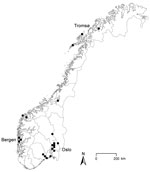 Thumbnail of Geographic distribution of 21 outbreak cases of Yersinia enterocolitica O:9 infection, Norway, February–April 2011. Scale bar represents 100 kilometers.