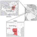 Thumbnail of Calgary and Edmonton, Alberta, Canada, census metropolitan areas in which 91 coyote carcasses were collected during 2009–2011 and tested for Echinococcus multilocularis. Reference maps (2006) were obtained from the Geography Division, Statistics Canada (www12.statcan.gc.ca/census-recensement/2006/geo/index-eng.cfm). Urban core areas and surrounding rural fringes are indicated. For Edmonton, 5 (62.5%) of 8 carcasses were positive. For Calgary, 18 (20.5%) of 83 carcasses were positive