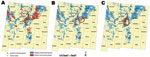 Thumbnail of Areas of New Mexico, USA, considered in the current analysis on the basis of those defined as high risk for human plague by Eisen et al. (6) for each time frame examined. A) 1976–1985, B) 1986–1995, C) 1996–2007. Distributions of human cases are displayed and census block groups are color coded as negative or positive for plague cases. Census block group boundaries are indicated in light gray, and counties are outlined in dark gray. Ovals or circle indicate census block groups with 