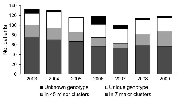 Numbers of patients with newly diagnosed multidrug-resistant tuberculosis reported per year, grouped according to genotype analysis, Argentina, 2003–2009. Major cluster, &gt;15 patients; minor cluster, &lt;15 patients.