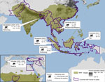 Thumbnail of Nonhuman primate (NHP) habitat countries (in green) and approximate location of sampling sites, with sample size, year collected, context of human–macaque interaction, and seroprevalence of antibodies against influenza virus A. Countries that have reported human influenza infection of avian origin (AI) are outlined in purple.