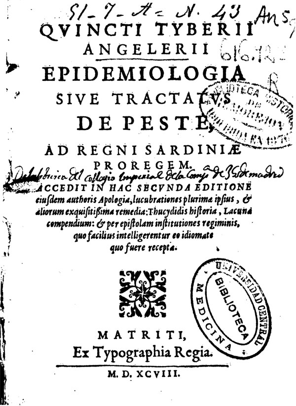 Frontispiece of the Epidemiologìa Sive Tractatus de Peste.