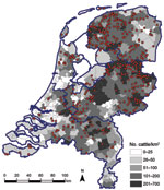 Thumbnail of Geographic distribution of dairy herds from which 1–4 animals were sampled (red dots) in study of Schmallenberg virus seroprevalence, the Netherlands, 2011–2012. Cattle density is indicated by gray shading; blue outlines denote regional borders.