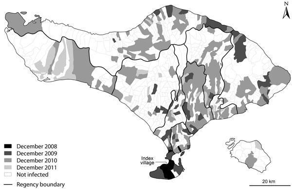 Timing of confirmed rabies cases in villages across Bali since the first case was confirmed on the island in November 2008. Darker shading indicates earlier detection according to the months since the first case was detected in the index village (marked), lighter shading indicates later detection, and white shading indicates no detected cases by December 2011.