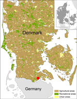 Thumbnail of Location of trap site with culicoids positive for Schmallenberg virus (red dot), Hokkerup, Denmark, 2011.