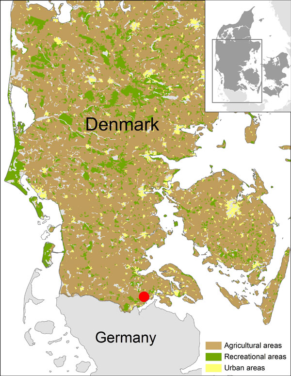Location of trap site with culicoids positive for Schmallenberg virus (red dot), Hokkerup, Denmark, 2011.
