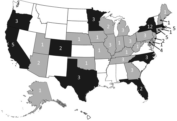 Distribution of single-state single and multistate outbreaks of listeriosis, 1998–2008, Foodborne Disease Outbreak Surveillance System, United States, 1998–2008 (n = 24 outbreaks). Dark gray indicates single-state and multistate outbreaks, and light gray indicates multistate outbreaks. Values indicate total outbreaks in each state. The grand total of outbreaks indicated in each state is greater than 24 because of multistate outbreaks.