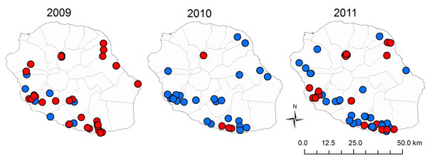 Location of farms tested for antibodies against influenza A(H1N1)pdm09 virus in serologic surveys, Réunion Island, 2009–2011. Blue dots, seronegative farms; red dots, seropositive farms.