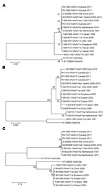Thumbnail of Phylogenetic analysis of human adenovirus 14 (HAdV-14) isolates from patients in New Brunswick, Canada, 2011. Nucleotide sequences were determined for the fiber (A), E1A (B), and hexon (C) genes. The corresponding gene sequences from previously reported HAdV-14 isolates are also included. Phylogenetic analysis was performed by using the neighbor-joining method of the MEGA2 program (9). Scale bars indicate nucleotide substitutions per site. Numbers on branches and at nodes indicate b