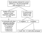 Thumbnail of Respiratory pathogen carriage survey related to Streptococcus pneumoniae serotype 15A outbreak in a pediatric psychiatric hospital, Rhode Island, USA, December 25, 2010–January 31, 2011, performed on Unit 1 patients (n = 16) and symptomatic staff (n = 4) during January 29–February 2. No visitors were screened for respiratory pathogen carriage. Nasopharyngeal (NP) and oropharyngeal (OP) swab specimens were taken from each participant. TaqMan Array Card (TAC) used to test for influenz