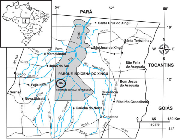 Xingu Indigenous Park and the Sobradinho Indian settlement, Mato Grosso State, Brazil.