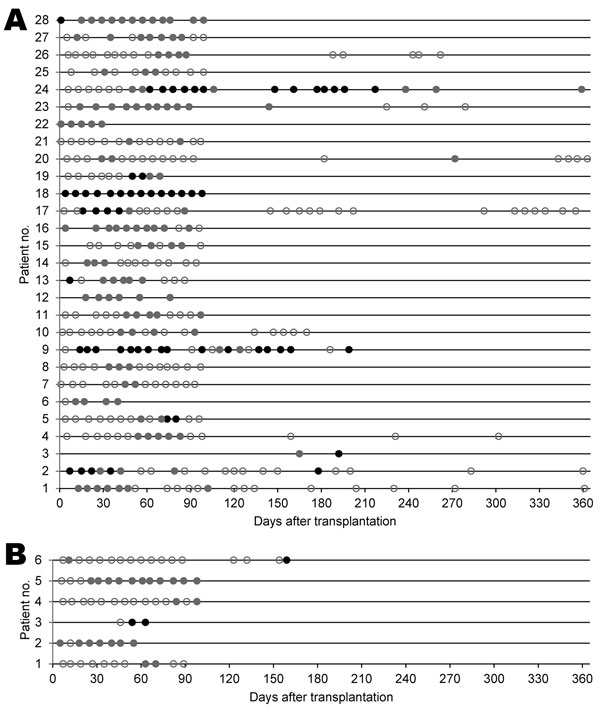 Detection of A) KI polyomavirus (KIPyV) DNA in 28 hematopoietic cell transplantation (HCT) recipients with &gt;2 KIPyV-positive specimens and B) WU polyomavirus (WUPyV) DNA in 6 HCT recipients with &gt;2 WUPyV-positive specimens, with and without detection of a respiratory virus by day after transplantation. Each line represents 1 patient in order of age (KIPyV-positive patients 1–10 and WUPyV-positive patients 1 and 2 are &lt;20 years of age). Circles indicate specimen collection. Gray indicate