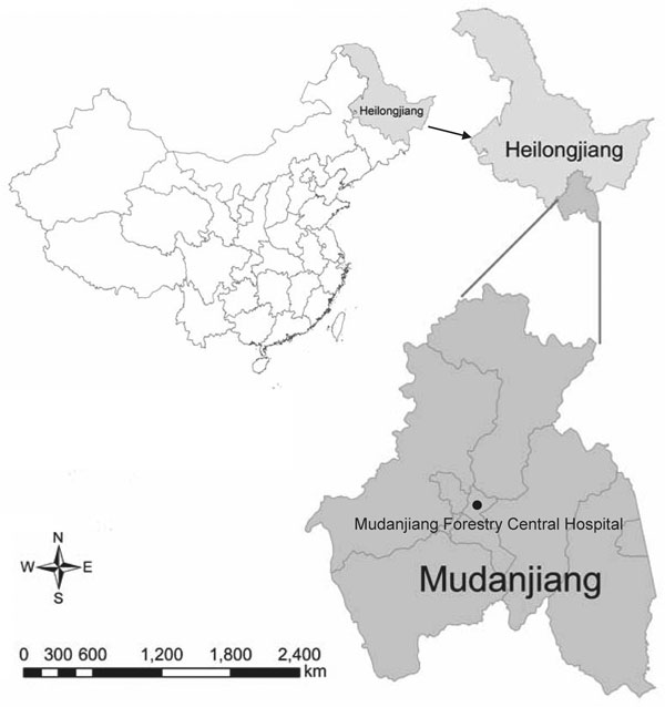 Location of Mudanjiang, Heilongjiang Province, China, where Candidatus Neoehrlichia mikurensis was detected.