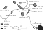 Thumbnail of Study sites in Tanzania, showing positivity and negativity for IgG against Rickettsia typhi displayed in Voronoi polygons. Every polygon represents 1 household. Numbers in parentheses indicate site prevalence.