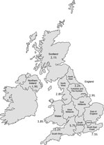Thumbnail of Regional variation in percentage of cystic fibrosis patients in whom nontuberculous mycobacteria were isolated, United Kingdom, 2009. Percentages represent combined clinics within participating regions. Nineteen of 23 adult and 24 of 29 pediatric CF centers, accounting for 7,122 of 8,513 (84%) CF patients, participated in the survey.