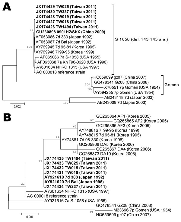 Phylogenetic analysis of hexon (A) and fiber (B) genes of human adenovirus (HAdV) type 7 isolates. Coding sequences of hexon and fiber genes (2,805 and 978 bps) from 5 HAdV isolates from Taiwan in 2011 and reference sequences from the National Center for Biotechnology Information (www.ncbi.nlm.nih.gov/genbank) were included. Phylogenetic trees were constructed from aligned sequences by using the neighbor-joining method; 1,000 bootstrap replications were performed to evaluate the reliabilities. B