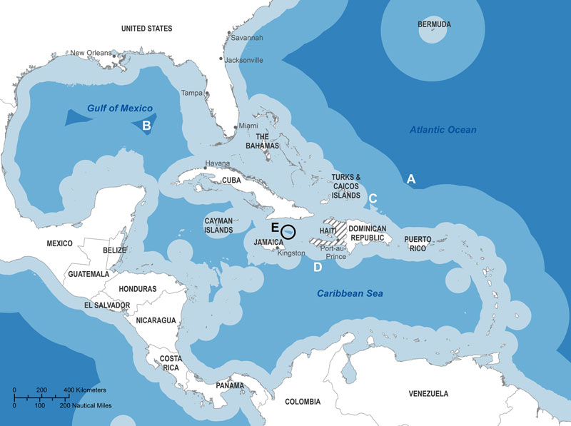 Zones in the Caribbean region where distance from shore and water depth meet International Maritime Organization guidelines for ballast exchange. To exchange ballast &gt;200 nautical miles from shore in water 200 m deep, ships must travel 280 nautical miles northeast of Haiti (A) or to the Gulf of Mexico (B). To exchange ballast at the minimum 50 nautical miles from shore in water &gt;200 m deep, ships must travel &gt;90 nautical miles northeast (C) or 50 nautical miles south (D) of Haiti or con