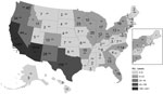 Thumbnail of Number of coccidioidomycosis-associated deaths and age-adjusted rates per 1 million persons in the United States, 1990–2008.