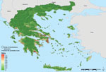 Thumbnail of Areas latently hospitable and environmentally permissive for persistent malaria transmission, Greece, 2009–2012. Map showing areas predicted to be environmentally suitable for malaria transmission. Values from 0 to 0.5 (dark to light green) indicate conditions not favorable for malaria transmission (based on locally acquired cases); yellow to dark red areas delineate conditions increasingly favorable for transmission (values from 0.5 to 1).