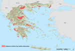 Thumbnail of Areas of historic malaria transmission before elimination, Greece. Greece was officially declared malaria free in 1974, after a national malaria elimination effort during 1946–1960. Data sources: adapted from (10; Ministry of Health. Map of confirmed laboratory species–1952, unpub. data).