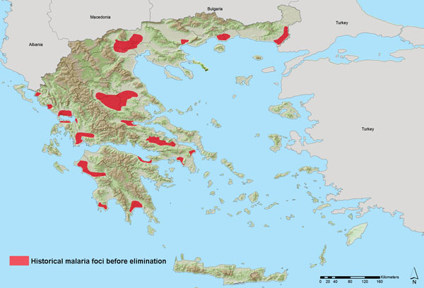 Areas of historic malaria transmission before elimination, Greece. Greece was officially declared malaria free in 1974, after a national malaria elimination effort during 1946–1960. Data sources: adapted from (10; Ministry of Health. Map of confirmed laboratory species–1952, unpub. data).